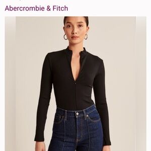 Abercrombie & Fitch Women's Black Ribbed Zip-Up Long Sleeve Bodysuit - Medium